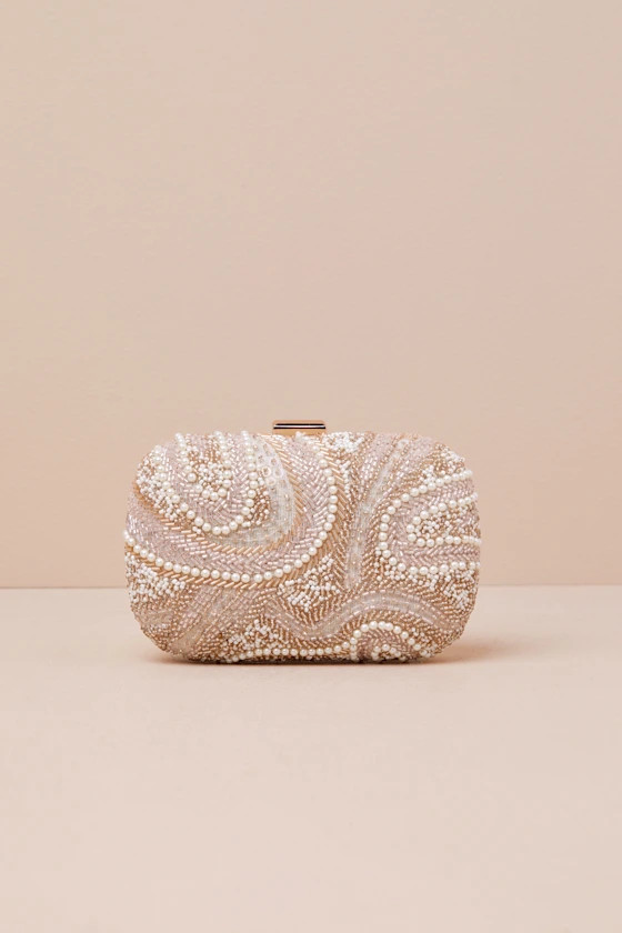 Upscale Idea Beige and Pink Beaded Pearl Hard-Sided Clutch | Lulus