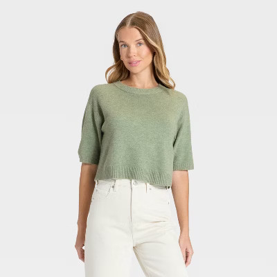 Women's Elbow Sleeve Cozy Knit Crewneck Pullover Sweater - Universal Thread™ Heather Green XL | Target
