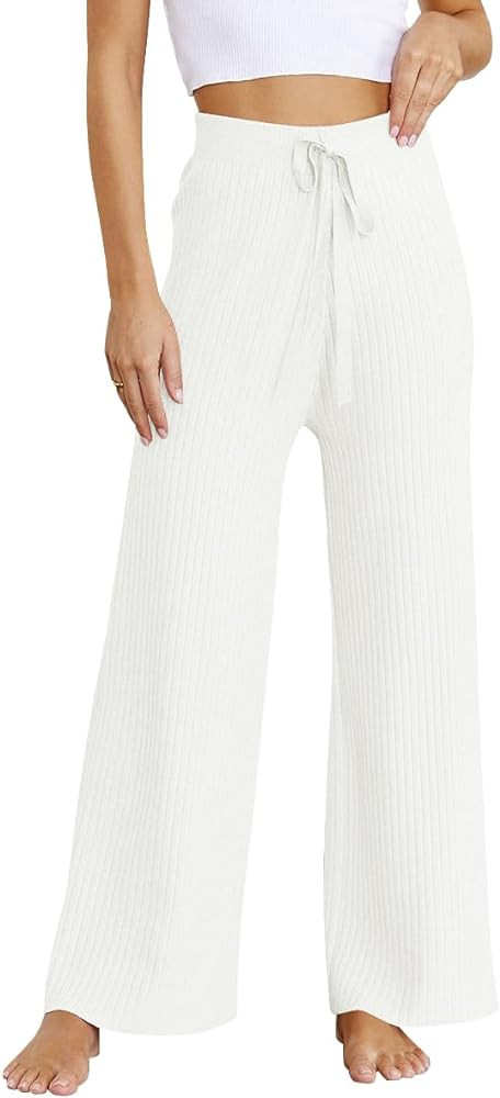 LILLUSORY Womens Rib Knit Wide Leg Pants 2023 Elastic Waist Casual Flowy Sweater Pants | Amazon (US)