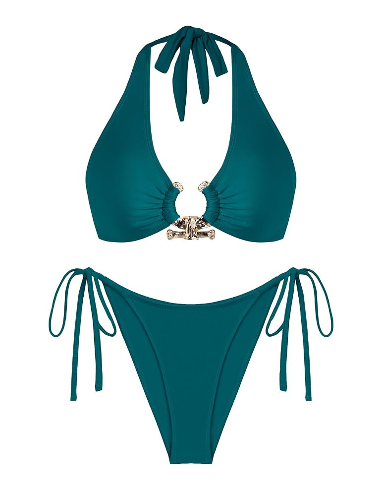 seamoly Bikini Sets for Women Metal Ring Shiny Two Piece Swimsuit Halter High Cut Tie Side Thong ... | Amazon (US)