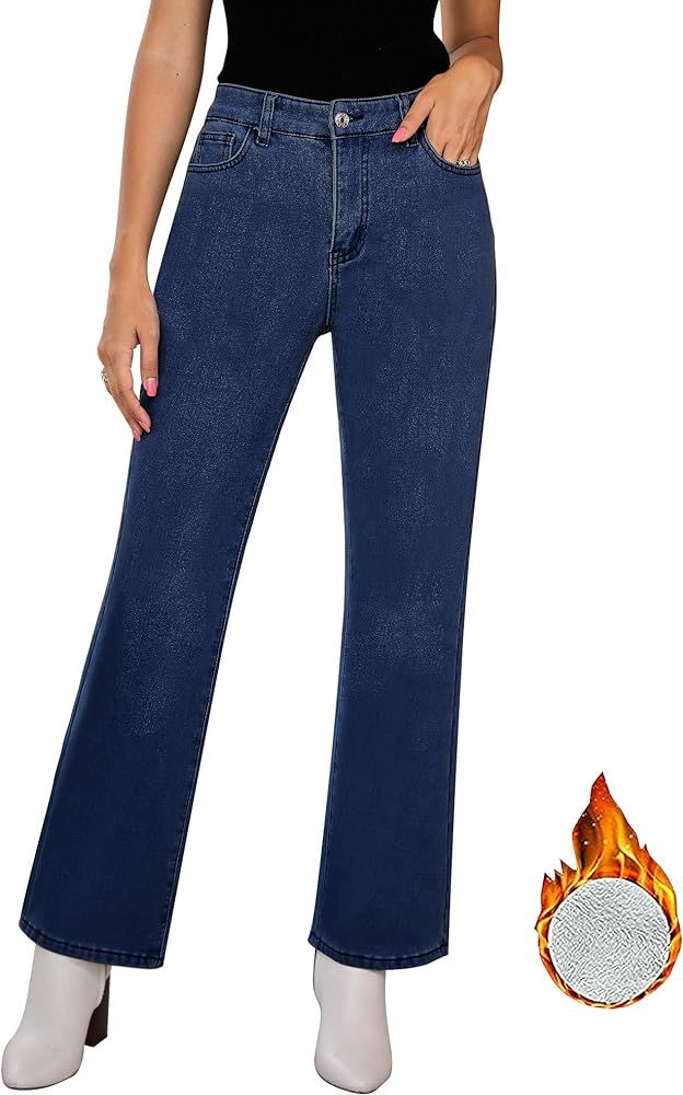 GRAPENT Jeans for Women Fleece Lined Pants High Waisted Stretchy Denim Straight Leg Baggy Jeans S... | Amazon (US)