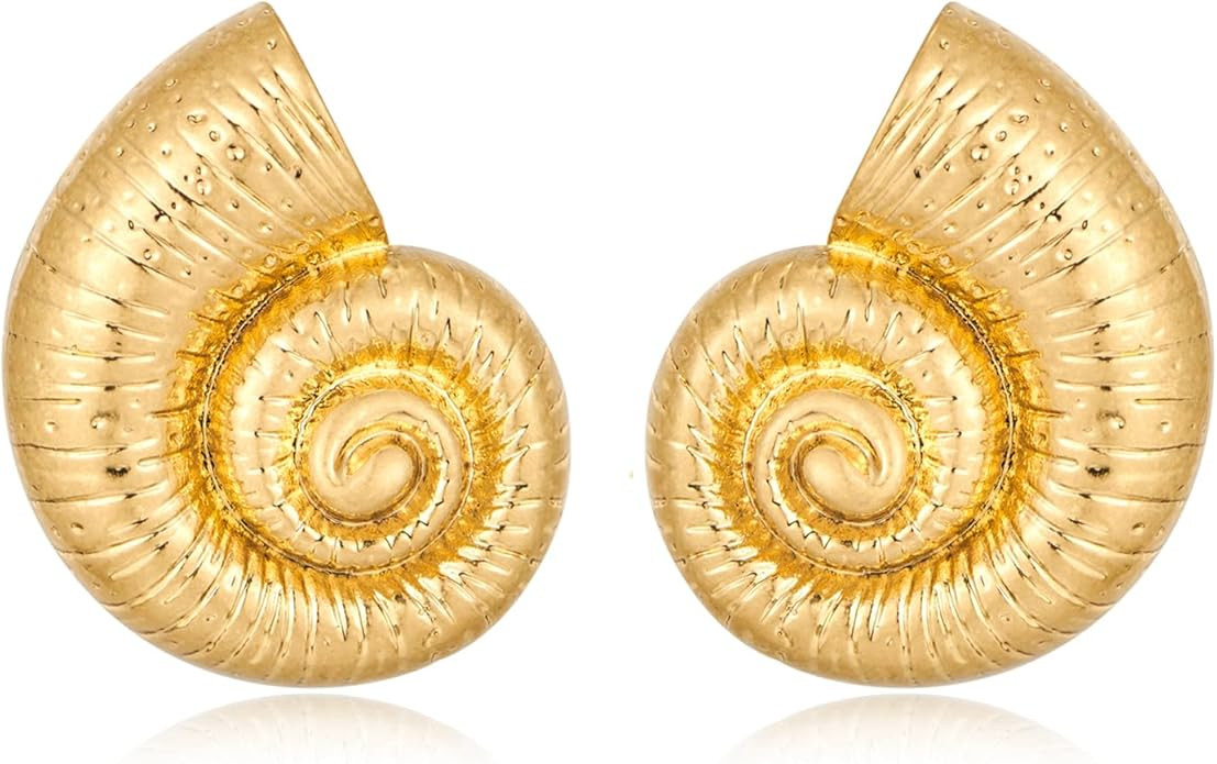 WOWORAMA Gold Statement Earrings for Women Gold Seashell Flower Earrings Boho Textured Ocean Wave... | Amazon (US)