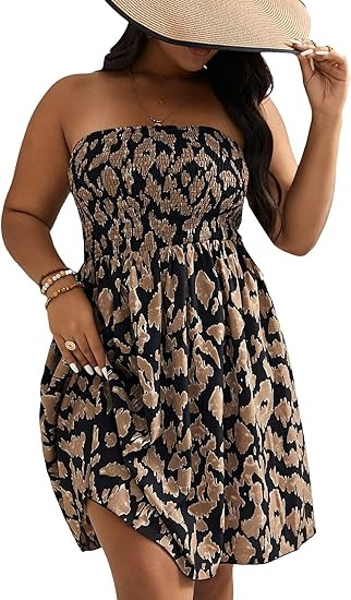 SOLY HUX Women's Plus Size Allover Print Shirred Strapless Tube Dress Sleeveless A Line Short Dre... | Amazon (US)
