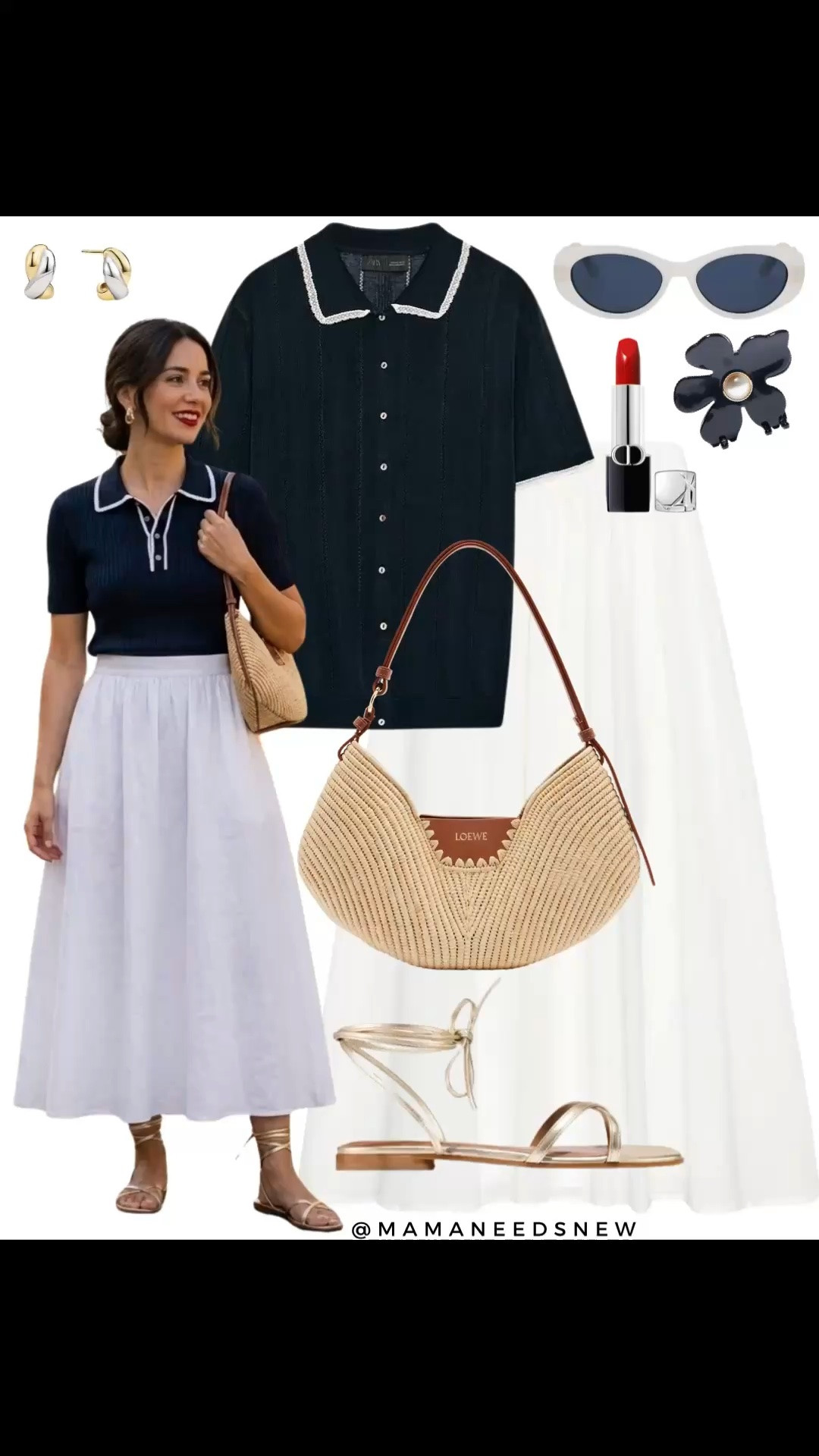 A late spring to summer outfit with a knit polo cardigan, maxi skirt, raffia shoulder bag, wrap sandals 💙🤍

#LTKootd #LTKSeasonal #LTKSaleAlert