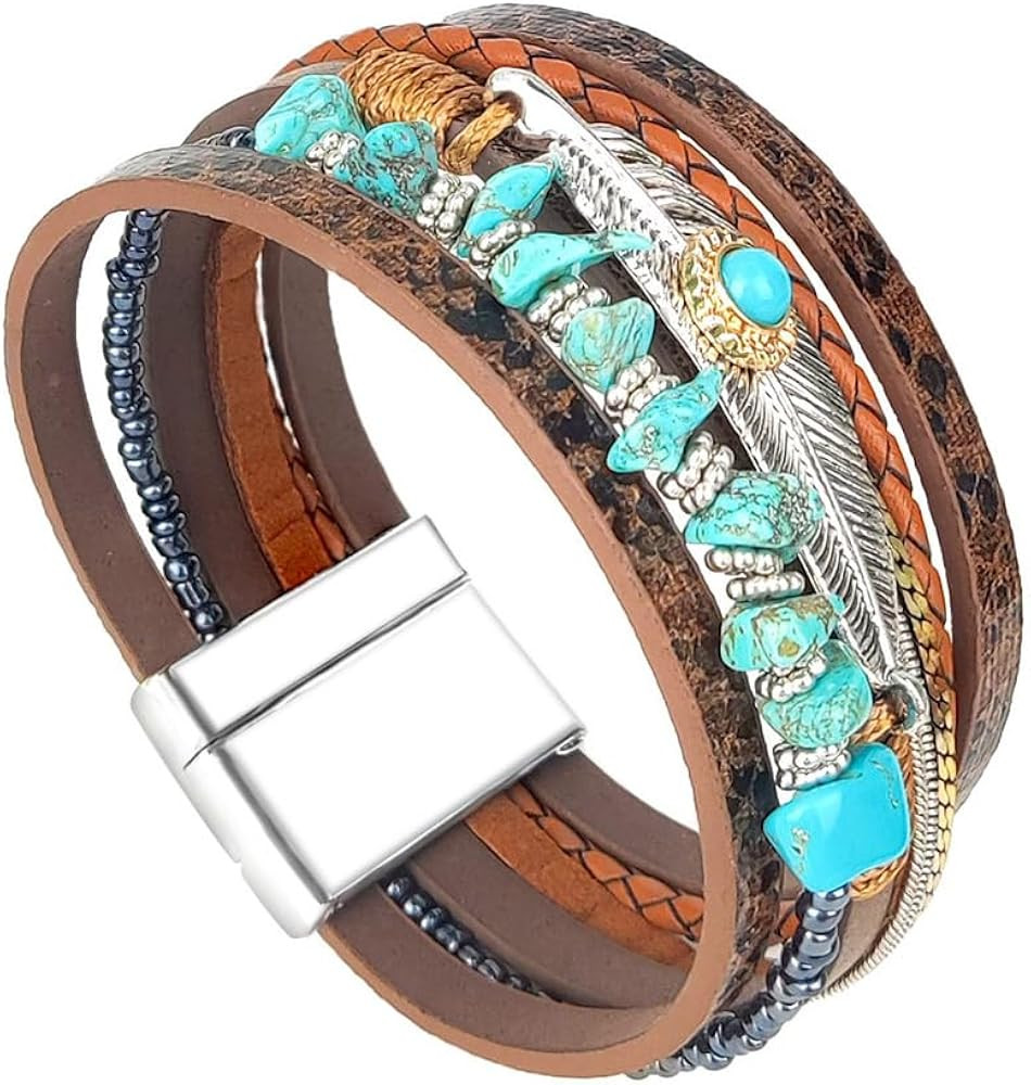 Turquoise Bracelet for Women, Boho Western Bracelet for Turquoise Jewelry, Leather Wrap Multi-Lay... | Amazon (US)