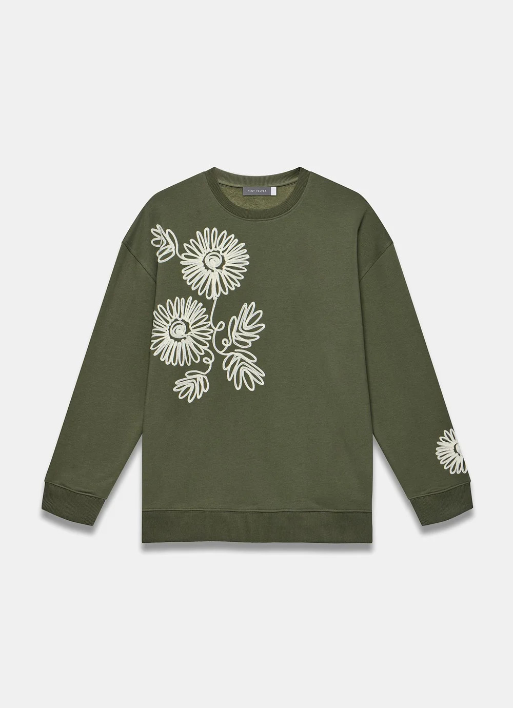 Khaki Cotton Blend Flower Sweatshirt | Mint Velvet