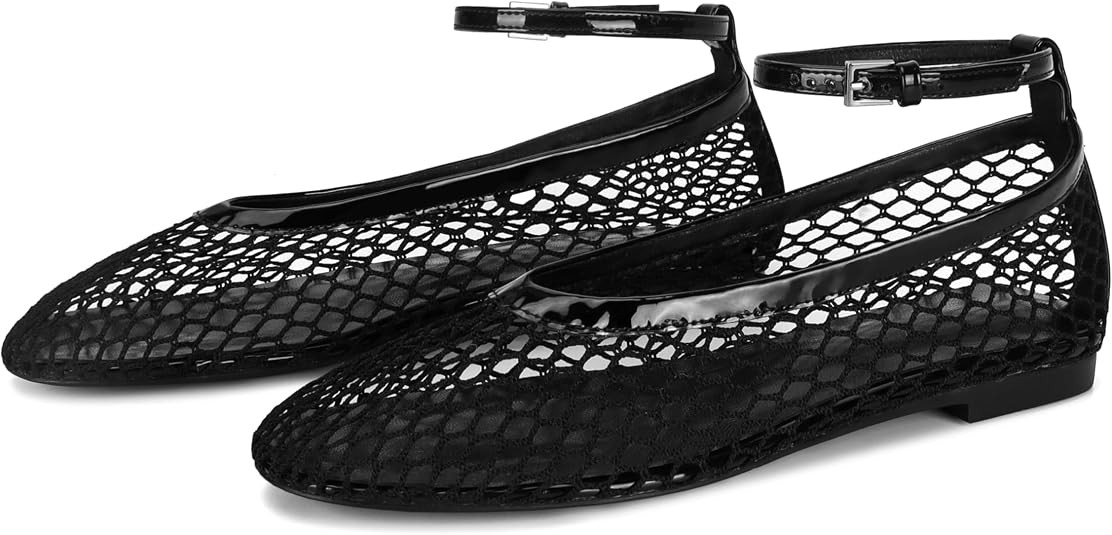 Wnshonzy Mesh Ballet Flats for Women Round Toe Buckle Strap Fishnet Mary Jane Flats Comfy Casual ... | Amazon (US)