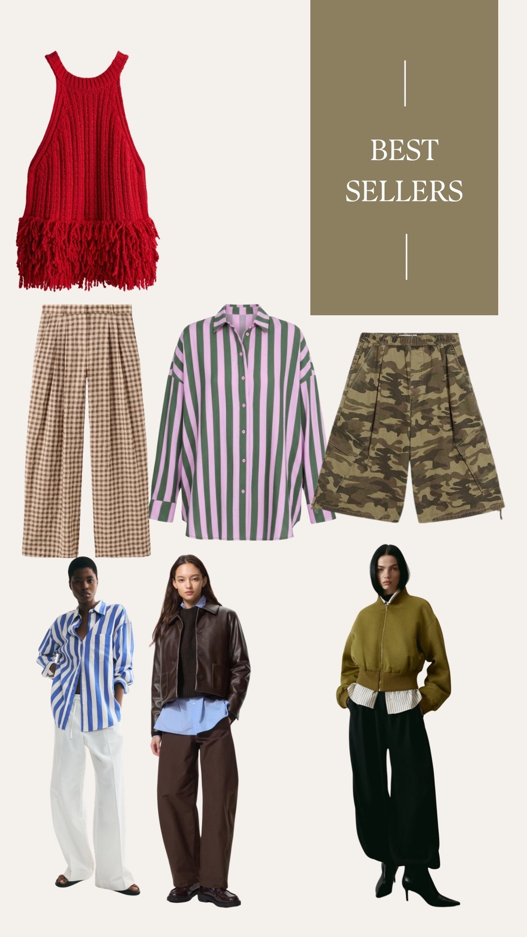 This week’s best sellers. Rode gebreide top met franjes, bruin geruite broek, mousseline gestreepte blouse, camouflage bermuda, gestreepte linnen blouse, bruine barrel broek, groen satijnen piloten jack.

#LTKnederlands #LTKeurope #LTKstyletip