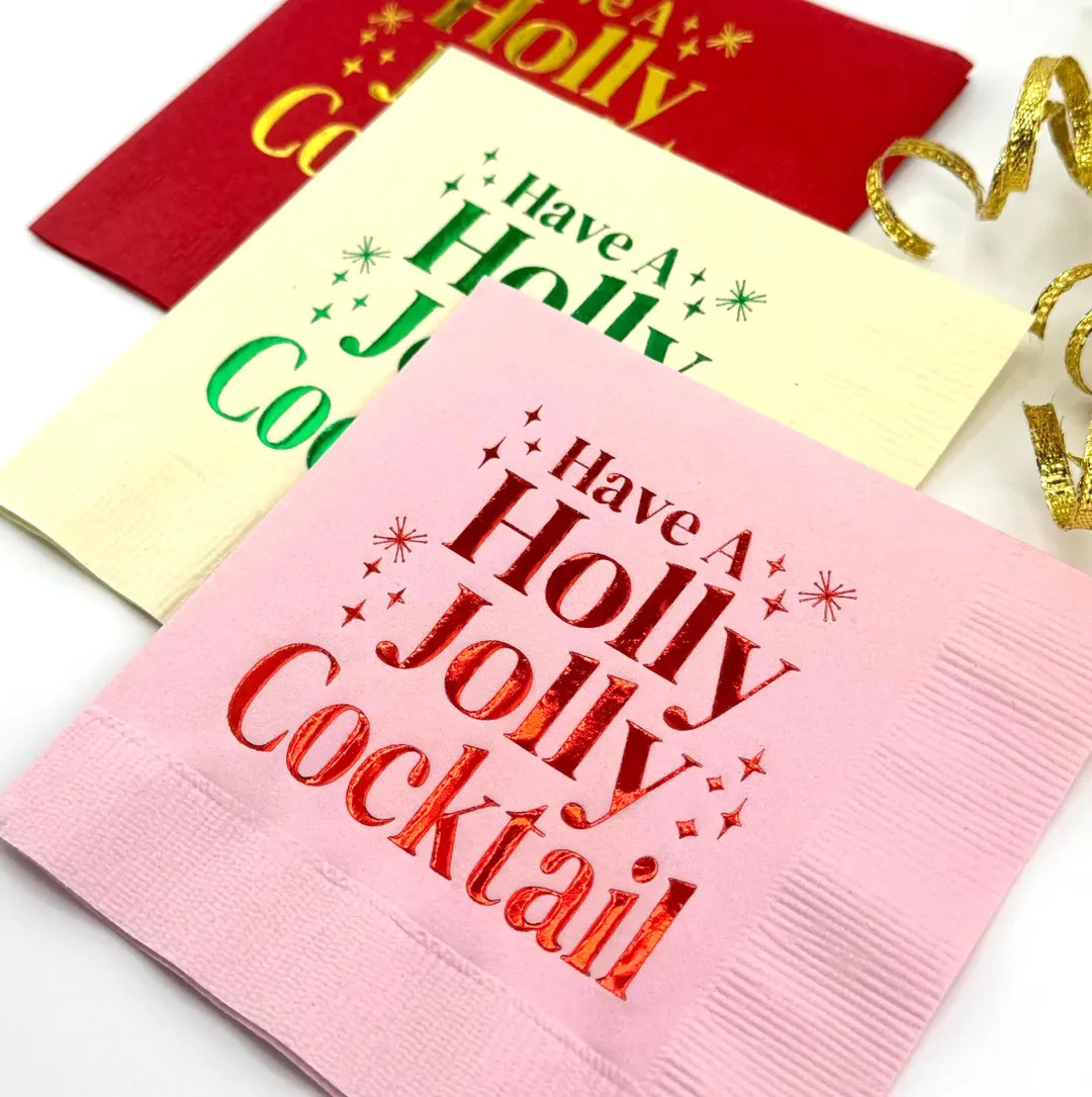 Hot Foil Stamped Christmas Cocktail Napkins: Retro Holiday Party Decor | Etsy (US)
