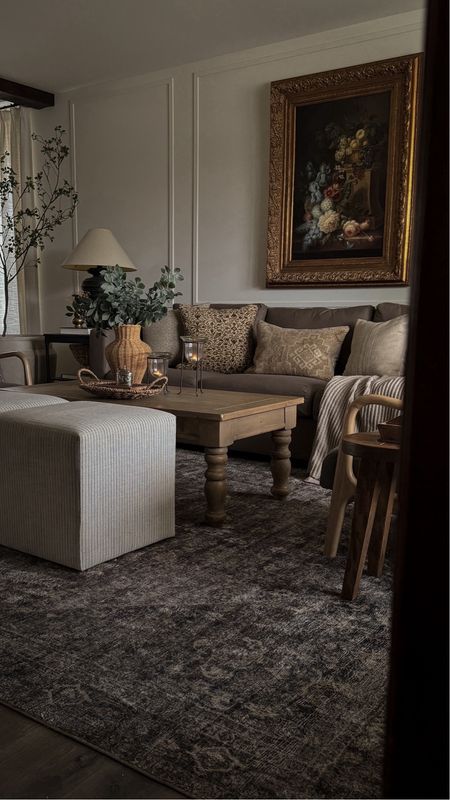 Living room, pillows, ottoman cube, green leafy stems, Kilim, rug, 

#LTKhome