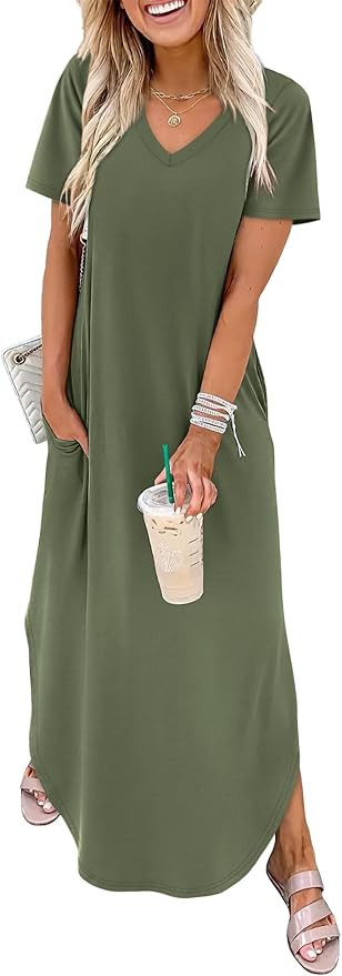 WIHOLL Women's Summer Short Sleeve Dresses Maxi Dress Vacation Beach Sundresses 2026 with Pockets | Amazon (US)