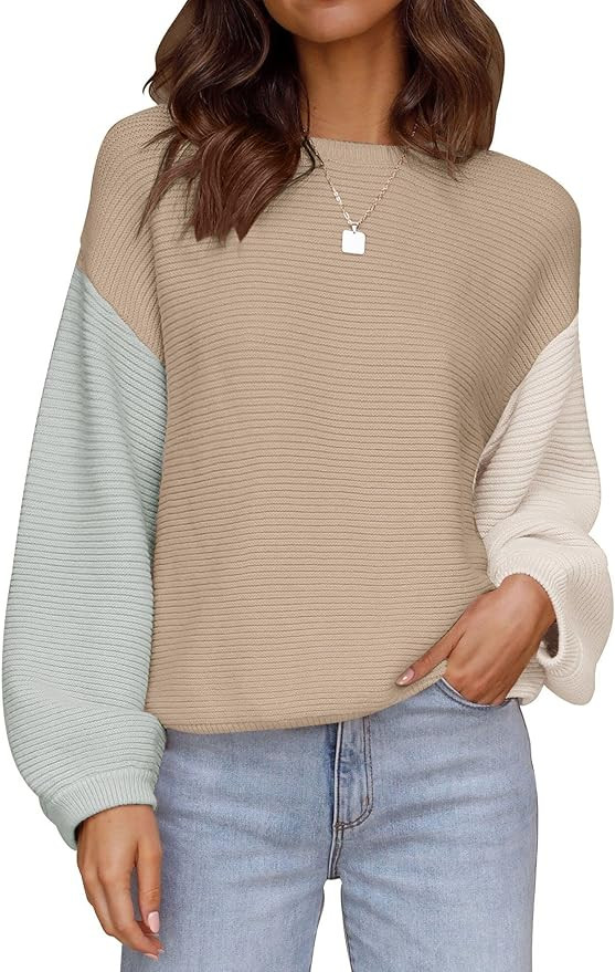 ZESICA Women's 2023 Crew Neck Long Lantern Sleeve Casual Loose Ribbed Knit Solid Soft Pullover Sw... | Amazon (US)