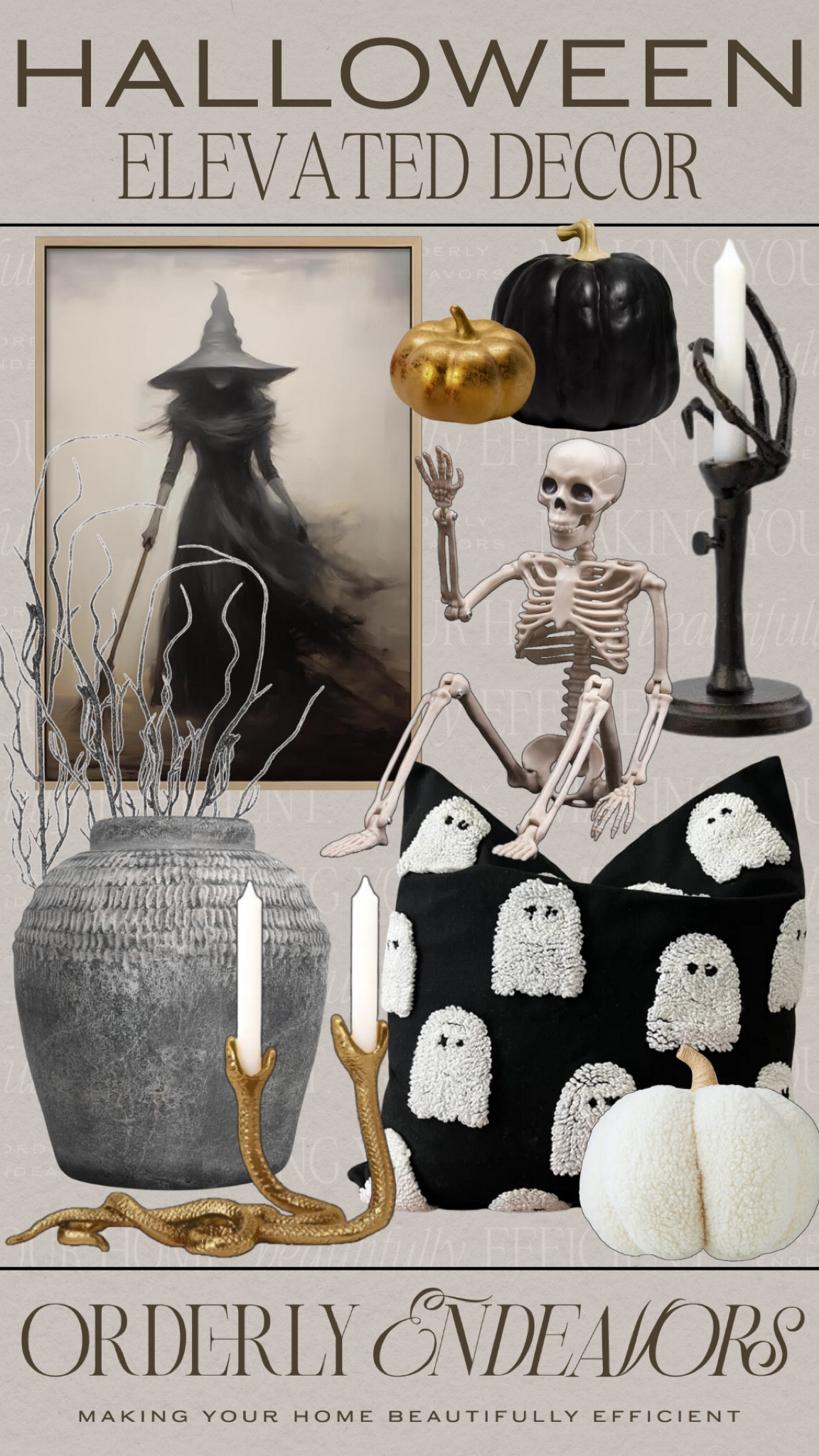 Elevated Halloween decor includes ghost pillow, pumpkin pillow, gold snake candle holder, skeleton, skeleton hand candle holder, pumpkin decor, black vase, twig stems, witch wall decor.

Halloween, Halloween decor, home decor, fall decor, elevated decor 

#LTKStyleTip #LTKHome #LTKSeasonal