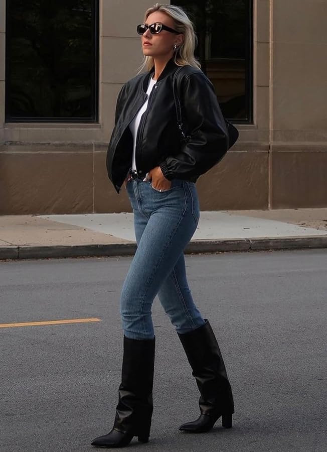 Modatope Knee High Boots Women Fold Over Knee High Boots Chunky High Heels Long Boots Zipper Poin... | Amazon (US)