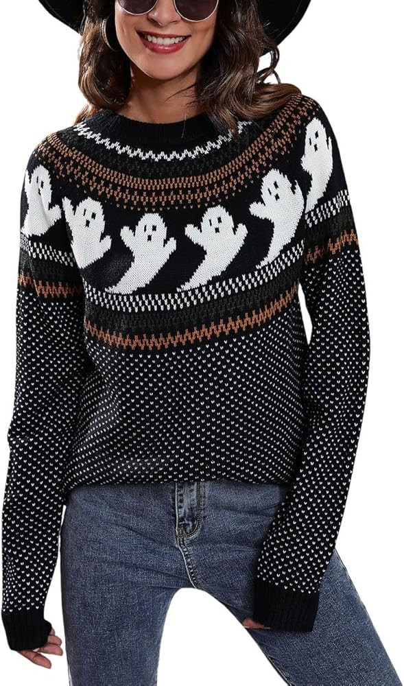 chouyatou Women's Vintage Fair Isle Ghost Pattern Crewneck Knitted Pullover Sweater | Amazon (US)