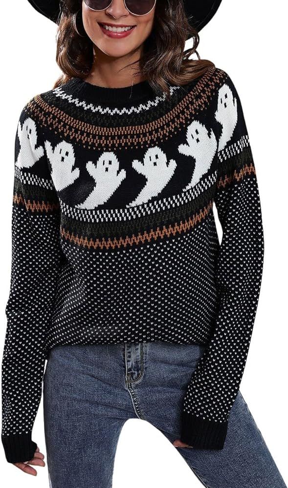 chouyatou Women's Vintage Fair Isle Ghost Pattern Crewneck Knitted Pullover Sweater | Amazon (US)