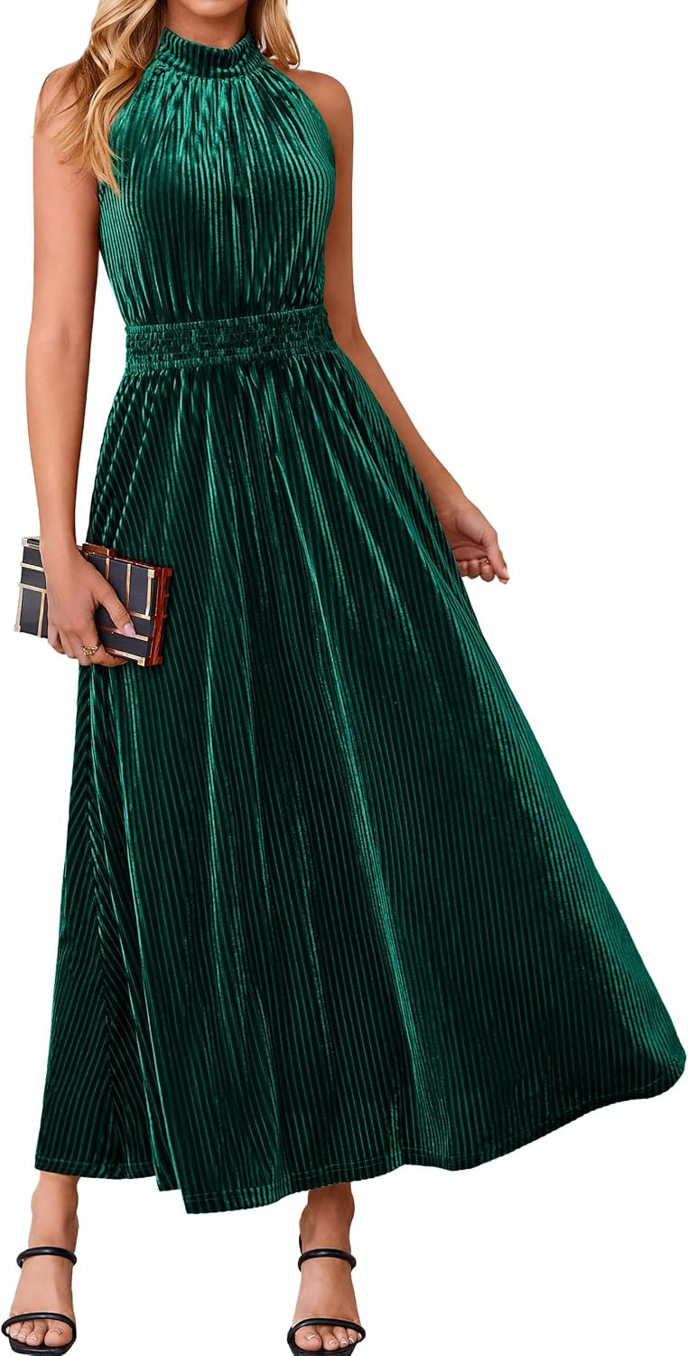 Simplee Womens Velvet Elegant Halter Neck Semi Formal Wedding Guest Dresses | Amazon (US)