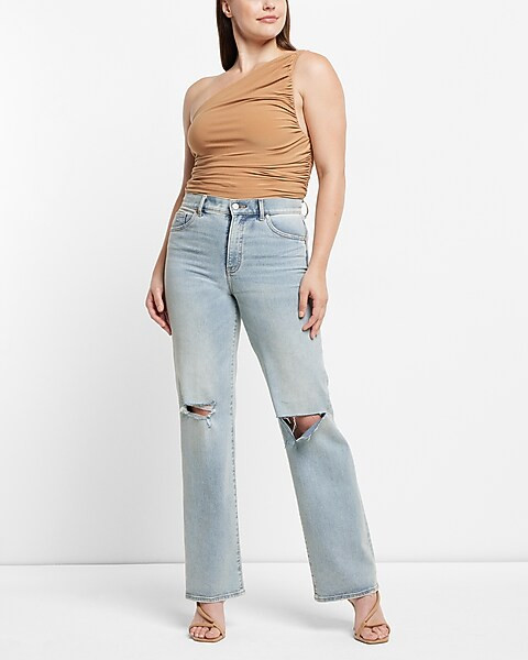 High Waisted Light Wash Ripped Wide Leg Jeans | Express