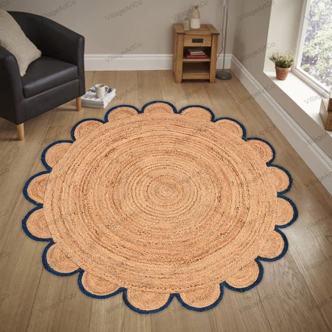 Bohemian Round Scallop Rug for Living Room, Natural Jute Round Scalloped Rug, Dining Room Round S... | Etsy (US)