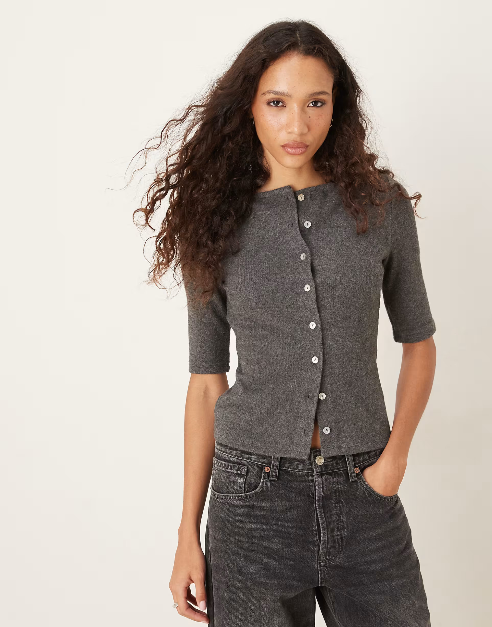 ASOS DESIGN half sleeve button through supersoft cardigan in grey marl | ASOS | ASOS (Global)