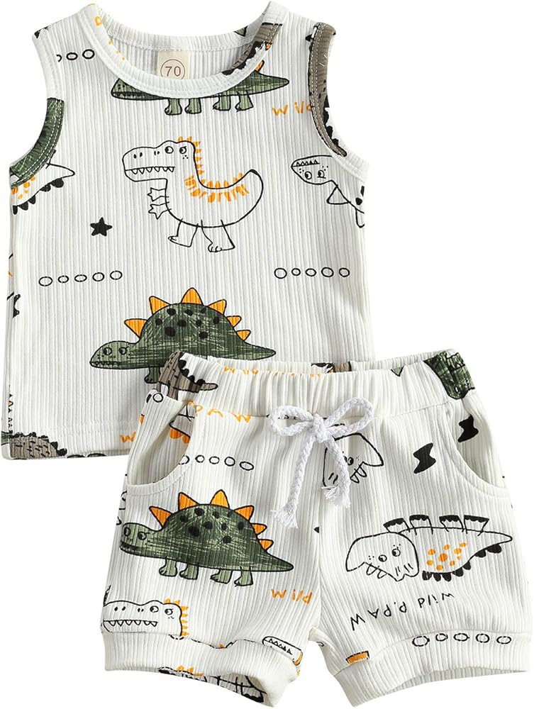 Ledy Champswiin Toddler Boy Clothes Baby Summer Outfit Dinosaur Letter Print Cotton Tops+Grey Ela... | Amazon (US)
