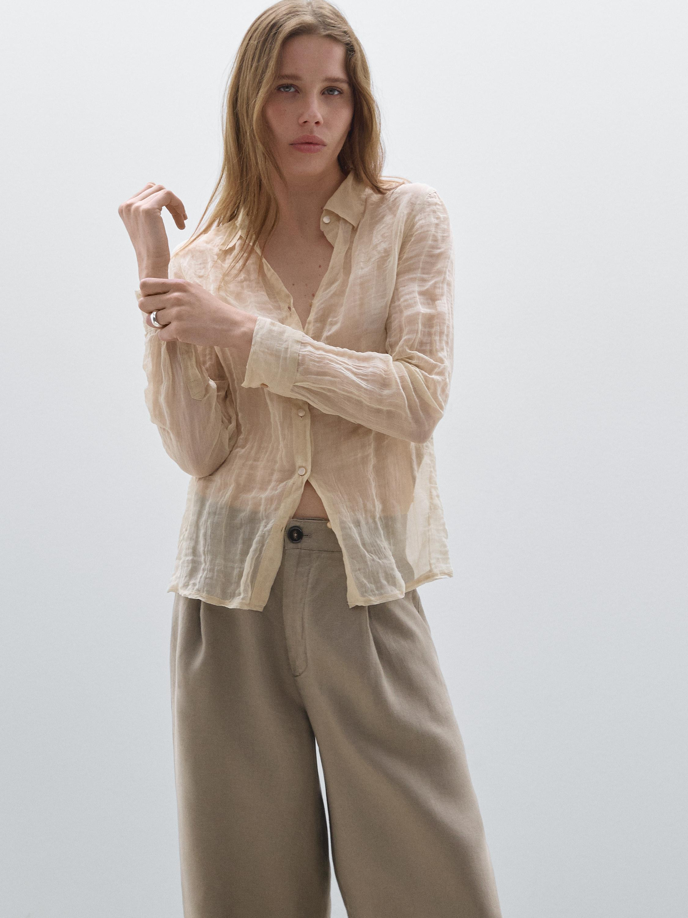 100% linen wide-leg mid-rise trousers | Massimo Dutti US