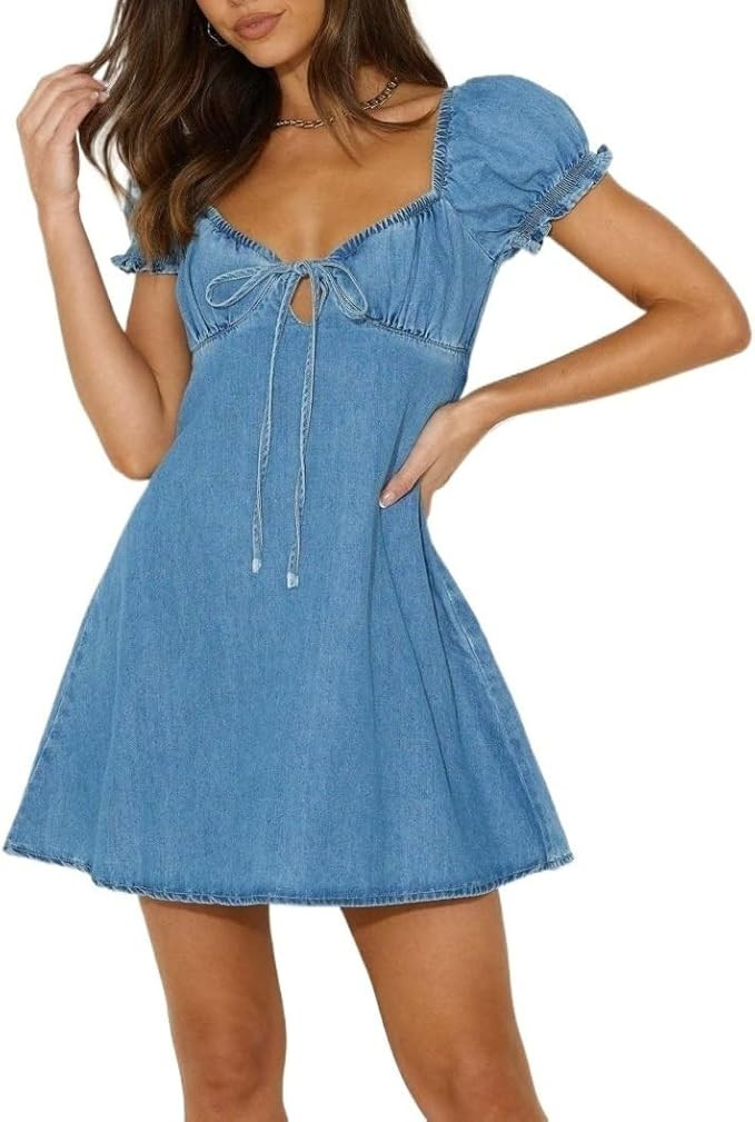 Womens Puff Sleeve Denim Dress Tie Front Square Neck Puffy Mini A Line Flare Casual Party Y2k Jea... | Amazon (US)
