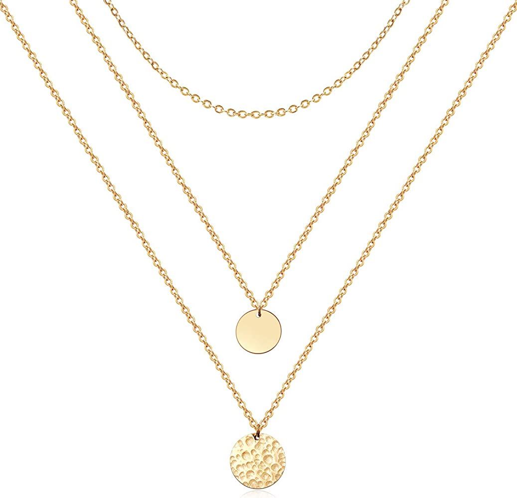 Layered Necklace Dainty Disc Chokers Necklace14K Real Gold Plated Necklace for Women | Amazon (US)