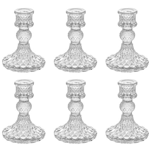 6 Pack Glass Taper Candlestick Holders, Clear Candlestick Holders, 4" H Crystal Candle Holders Decorative Candle Stand Centerpiece for Wedding, Festival, Dinning Party Table Decor | Amazon (US)