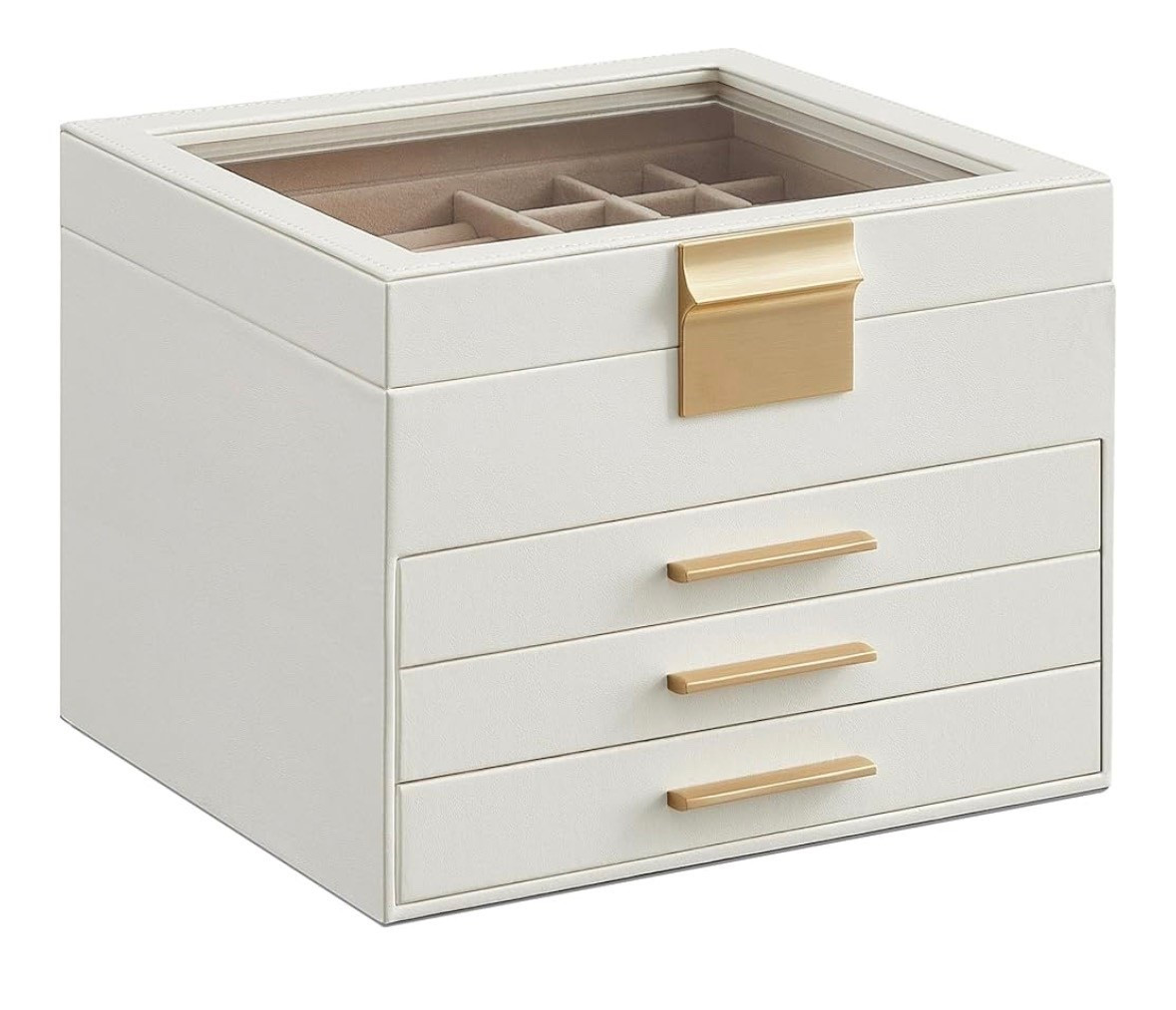 SONGMICS Jewelry Box Organizer with Glass Lid, 4-Layer Jewelry Storage, with 3 Drawers, Modern Style, 8 x 9.1 x 6.5 Inches, Cloud White and Gold Color UJBC173W01

#LTKSaleAlert #LTKBeauty