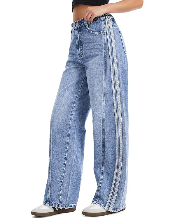 Tapata Women's 28"/30"/32"/34" Wide Leg Jeans Side Stripe Mid-Rise Elastic Waist Denim Pants Tren... | Amazon (CA)