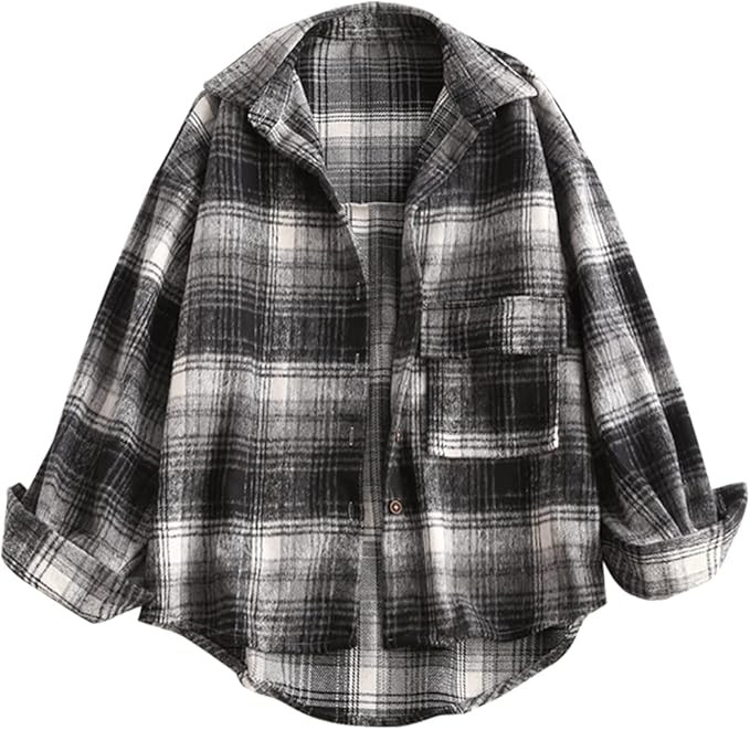 ZAFUL Women's Plaid Long Sleeve Shirt Button Down Thin Jacket Casual Flannel Plaid Shacket with P... | Amazon (US)