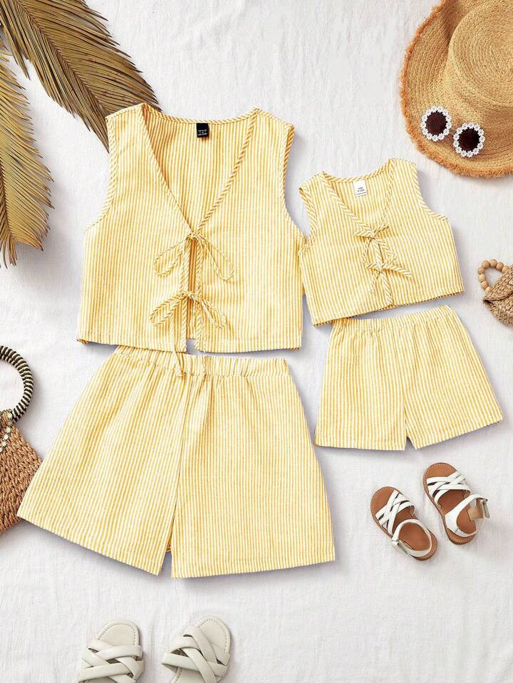 SHEIN Babygirl Summer Matching Family Outfits, Stripes Tank Top And Shorts Set For Mom And Me | SHEIN