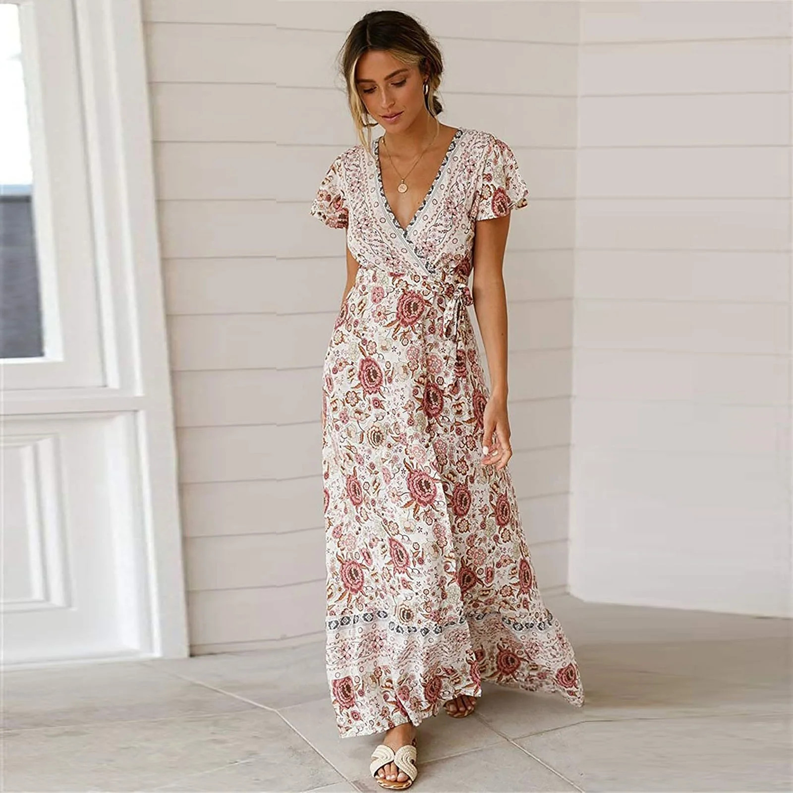 GYEDTR Women's Summer Wrap V Neck Maxi Dress Short Sleeve Floral Print Belted Boho Flowy Loose Ki... | Walmart (US)