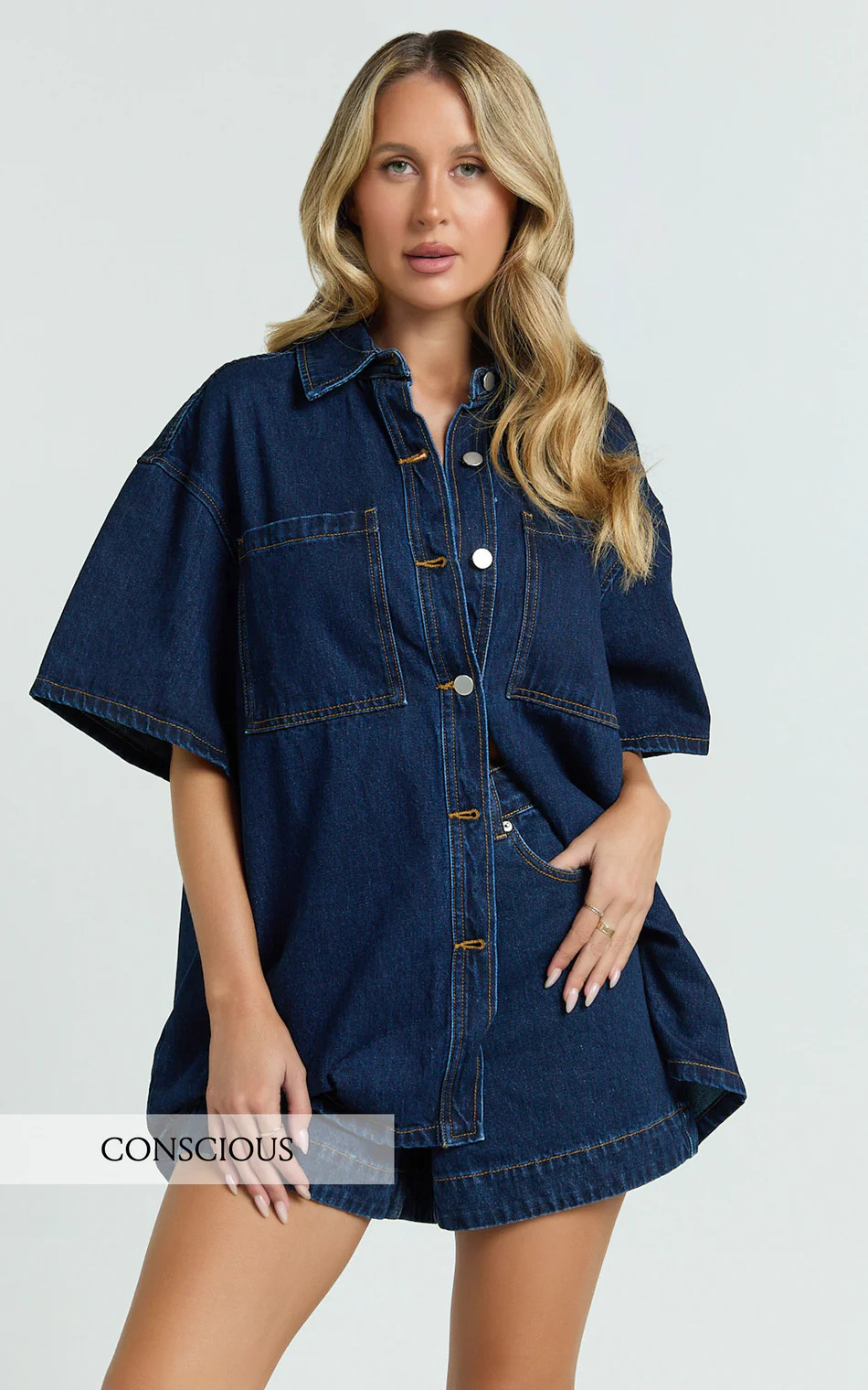 Rhianna Top - Oversized Recycled Denim Short Sleeve Shirt in Indigo Wash | Showpo (ANZ)