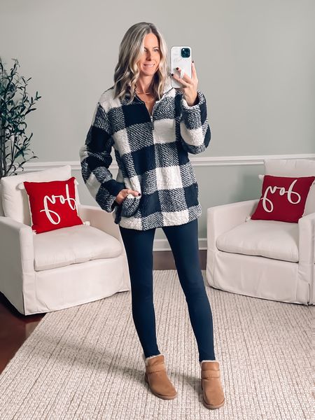 Amazon soft cozy fleece pullover long enough for leggings 
Sherpa pullover 
Buffalo check 
In a small 
Ugg boots 
Fleece lined leggings 
Casual outfit idea 
Winter outfit 

#LTKunder50 #LTKsalealert #LTKSeasonal
