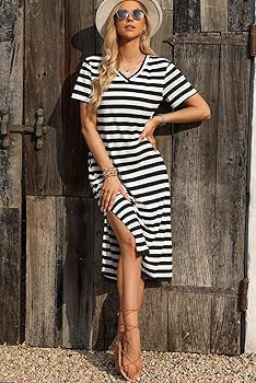 MARZXIN Women 2024 Casual Maxi Dress Short Sleeve V Neck Stripe Sundress Split Loose Long Summer ... | Amazon (US)