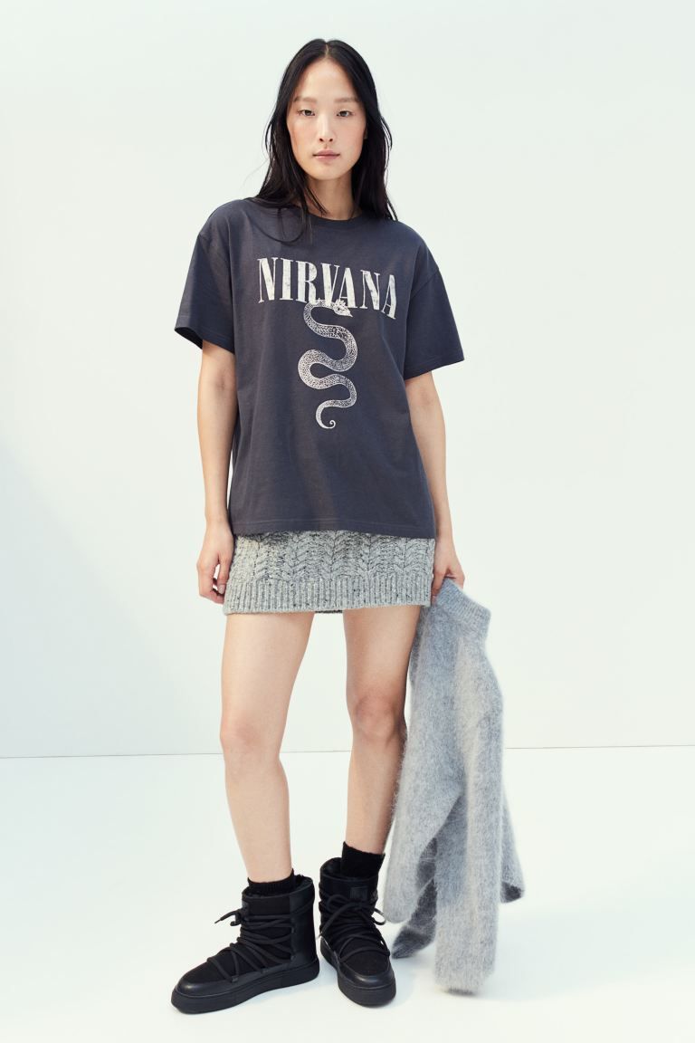 Oversized Printed T-shirt - Round Neck - Short sleeve - Dark gray/Nirvana - Ladies | H&M US | H&M (US + CA)