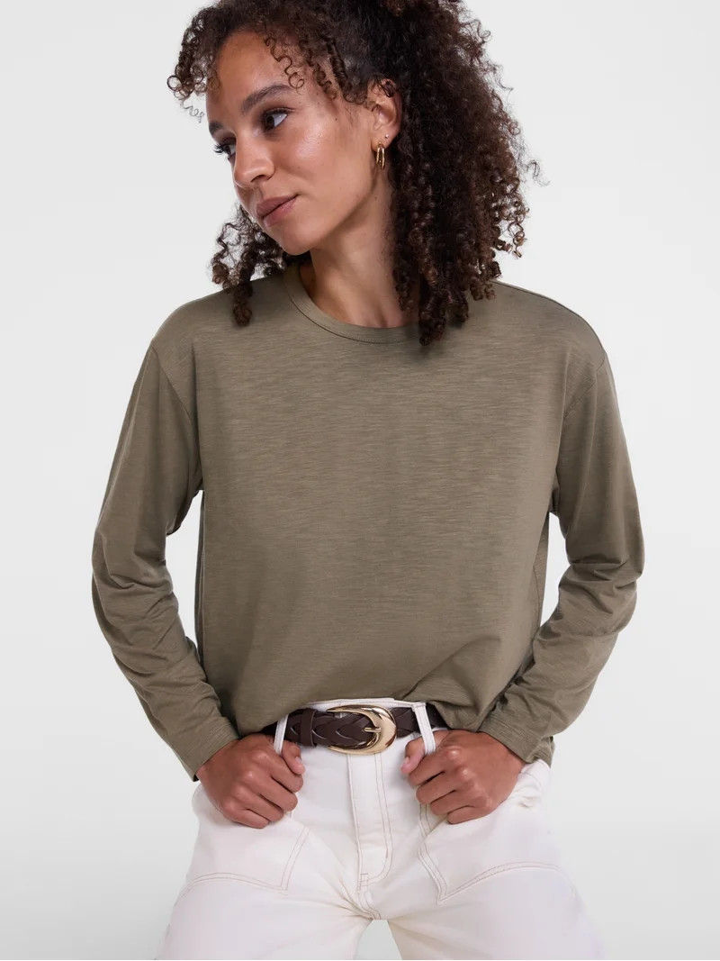 Scenario Women's Relaxed Slub Tee with Long Sleeves, Sizes XS-XXXL | Walmart (US)