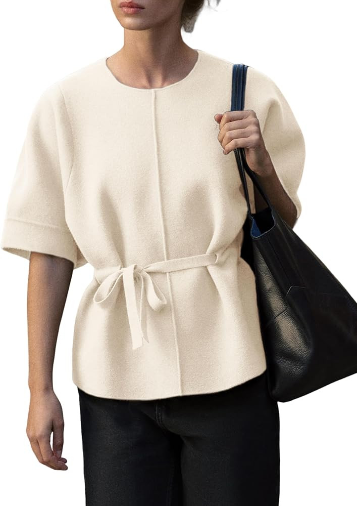Zhiyouni Women's Short Sleeves Sweater Round Neck Belted Knit Peplum Tops Jumper Pullover | Amazon (US)
