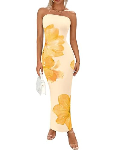 PRETTYGARDEN Women Summer Strapless Maxi Dress Bodycon Floral Sexy Long Wedding Guest Dress Formal Tube Mesh Cocktail Dresses(Yellow Flower,X-Large) | Amazon (US)