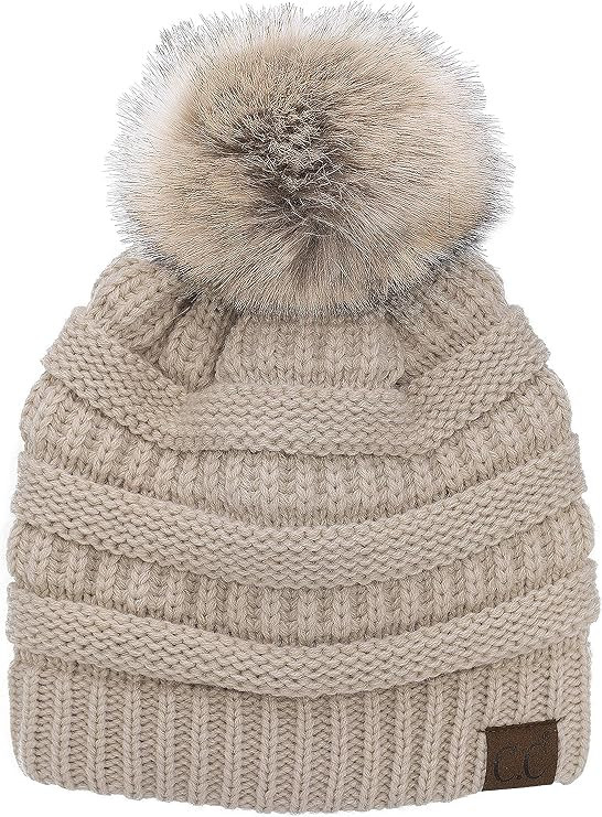 C.C Trendy Warm Soft Stretch Cable Knit Ribbed Faux Fur Pom Pom Fuzzy Sherpa Fleece Lined Skull C... | Amazon (US)
