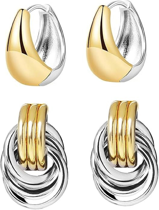 2 Pairs Two Tone Gold Silver Chunky Earrings for Women Two-tone Statement Knot Earrings Huggie Ho... | Amazon (US)