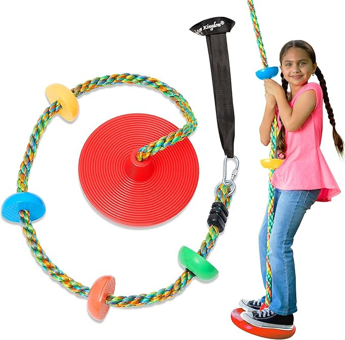 Jungle Gym Kingdom Tree Swing for Kids - Single Disc Seat and Rainbow Climbing Rope Set w/Carabin... | Amazon (US)