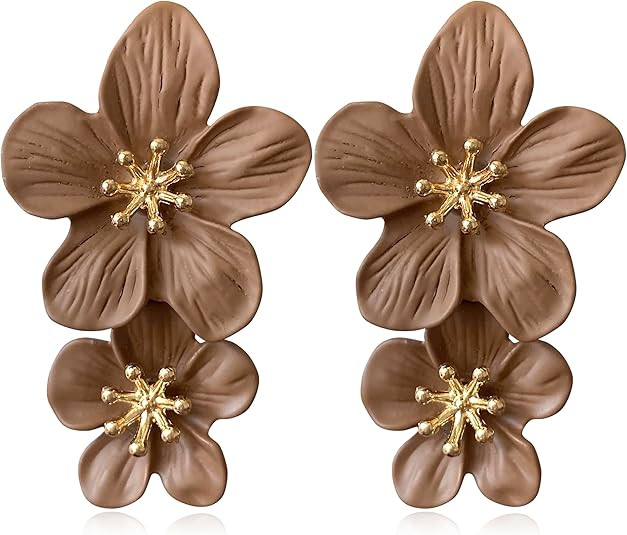 ANDPAI Unique Handmade Bohemian Large Matte Double Yellow Flower Dangle Drop Earrings White Metal... | Amazon (US)