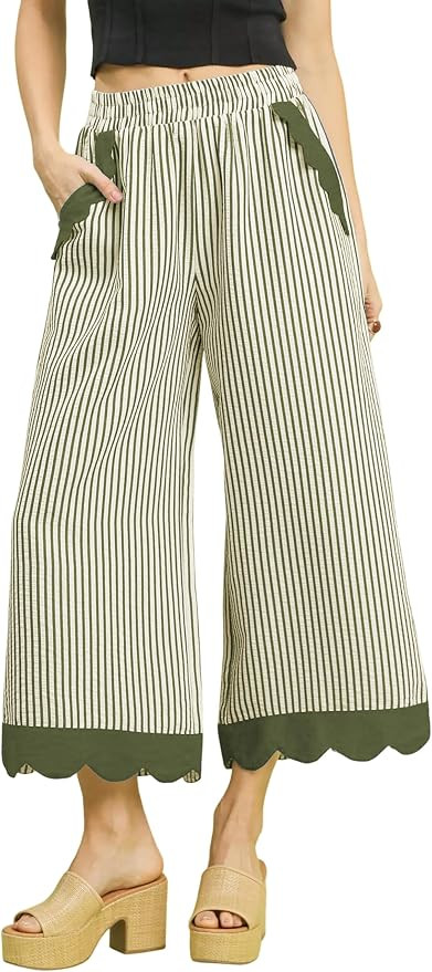 Faleave Women's Striped Wide Leg Cropped Pants Elastic Waist Scalloped Hem Casual Trousers with P... | Amazon (US)