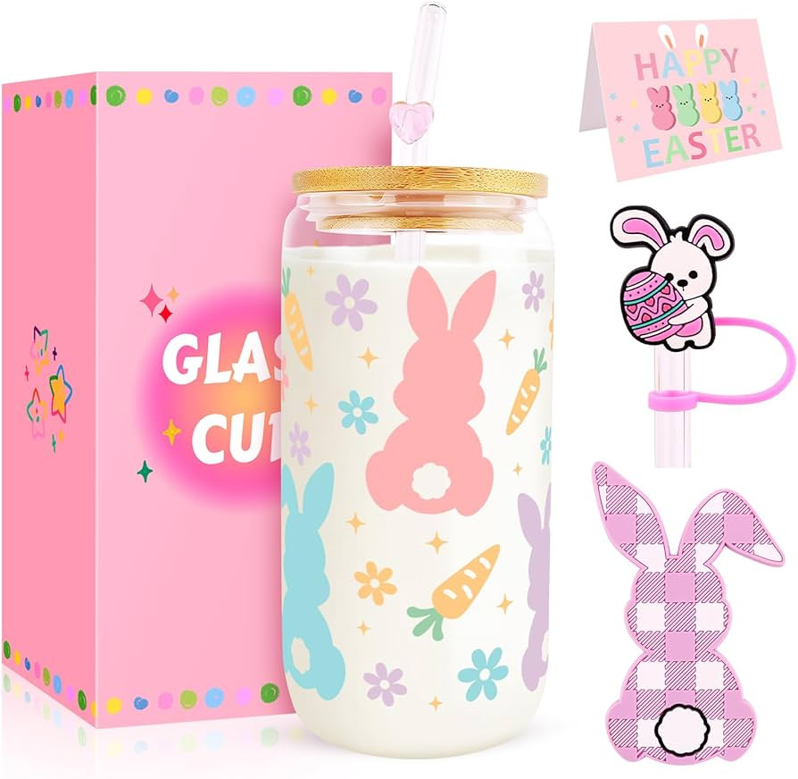 Easter Glass Cups with Lids and Straws, Easter Basket Stuffers Gifts for Her Women Girls Teens Da... | Amazon (US)