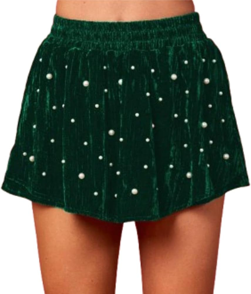 Women’s Velvet Short Skirt Holiday Elastic High Waist Pearl Studded Skort with Shorts Christmas... | Amazon (US)