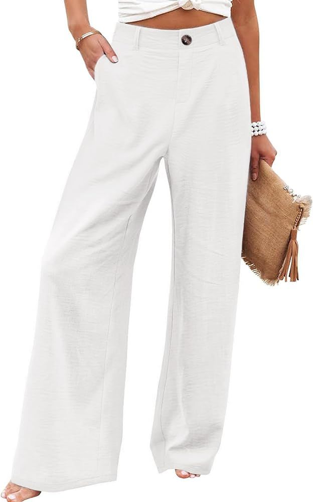 Hooever Womens Cotton Linen Pants Casual Button Up High Waisted Wide Leg Trousers | Amazon (US)
