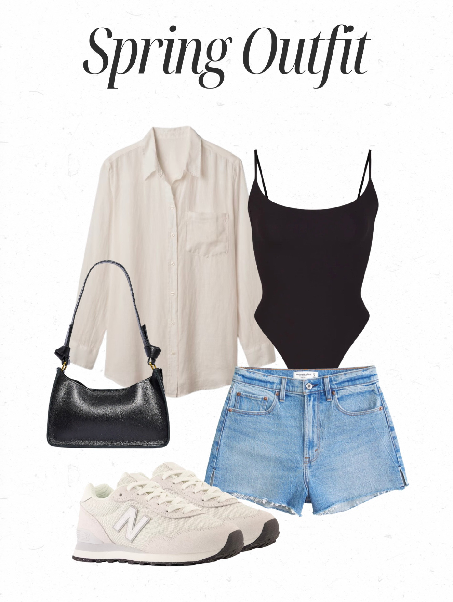Casual spring outfit inspo, comfy spring clothes, abercrombie denim shorts, skims black bodysuit, white buttown down shirt, cream new balance shoes, casual sneakers, clean girl aesthetic, kendall jenner inspired outfit, madewell black shoulder purse, casual dinner outfit, date night outfit, city look, early spring outfit

#LTKfindsunder50 #LTKfindsunder100 #LTKstyletip